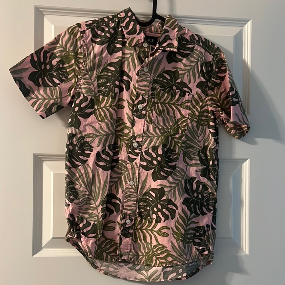 The Children's Place Pink and Green Button Down Shirt with Tropical Print